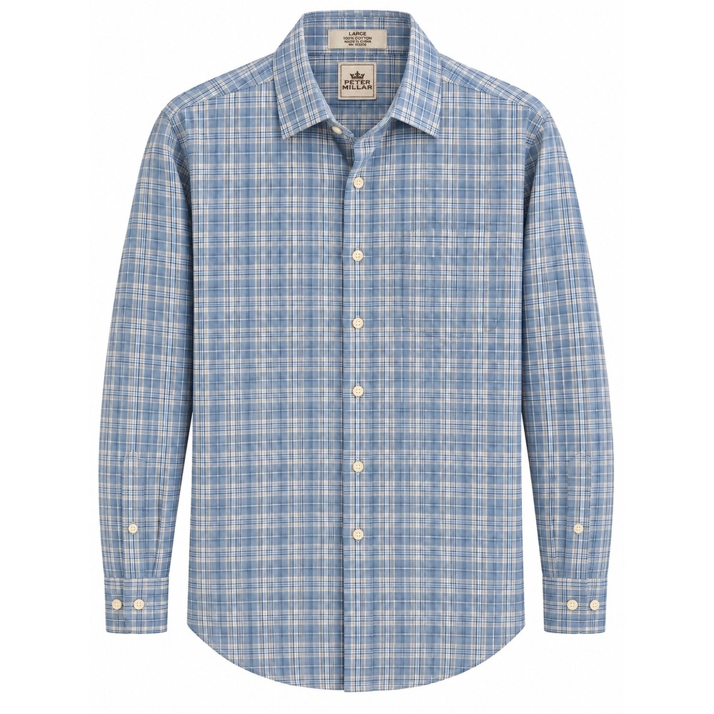 Peter Millar Mens L Blue White Plaid Cotton Button Down Shirt Long Sleeve Golf